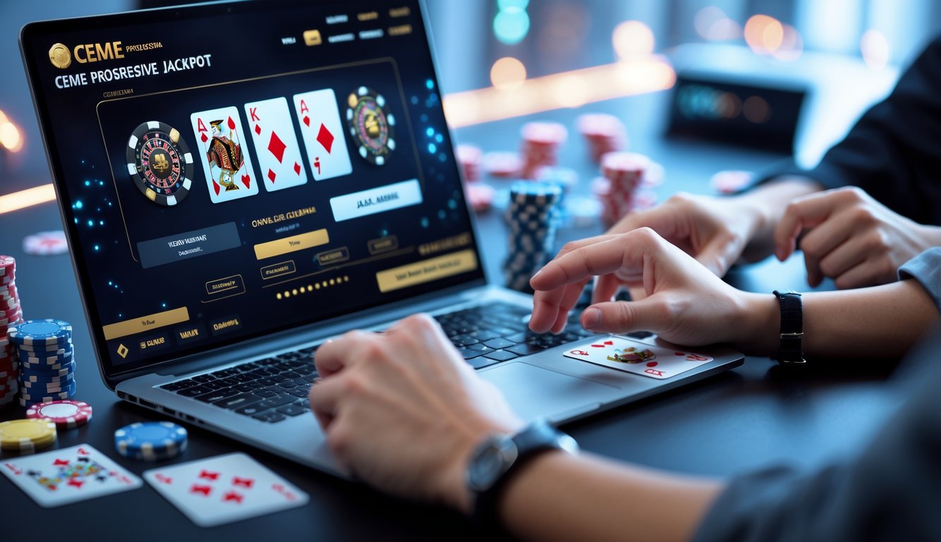 Seseorang sedang bermain judi online dengan laptop, kartu, dan chip di meja, fokus pada strategi menang jackpot.