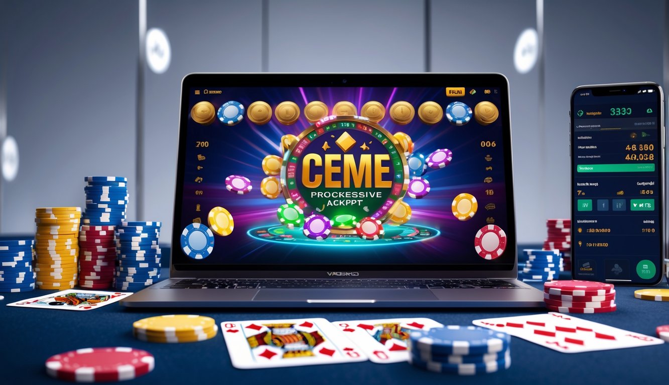 Seorang pemain sedang menggunakan laptop dengan tampilan permainan judi online Ceme, dikelilingi oleh kartu remi dan chip poker.