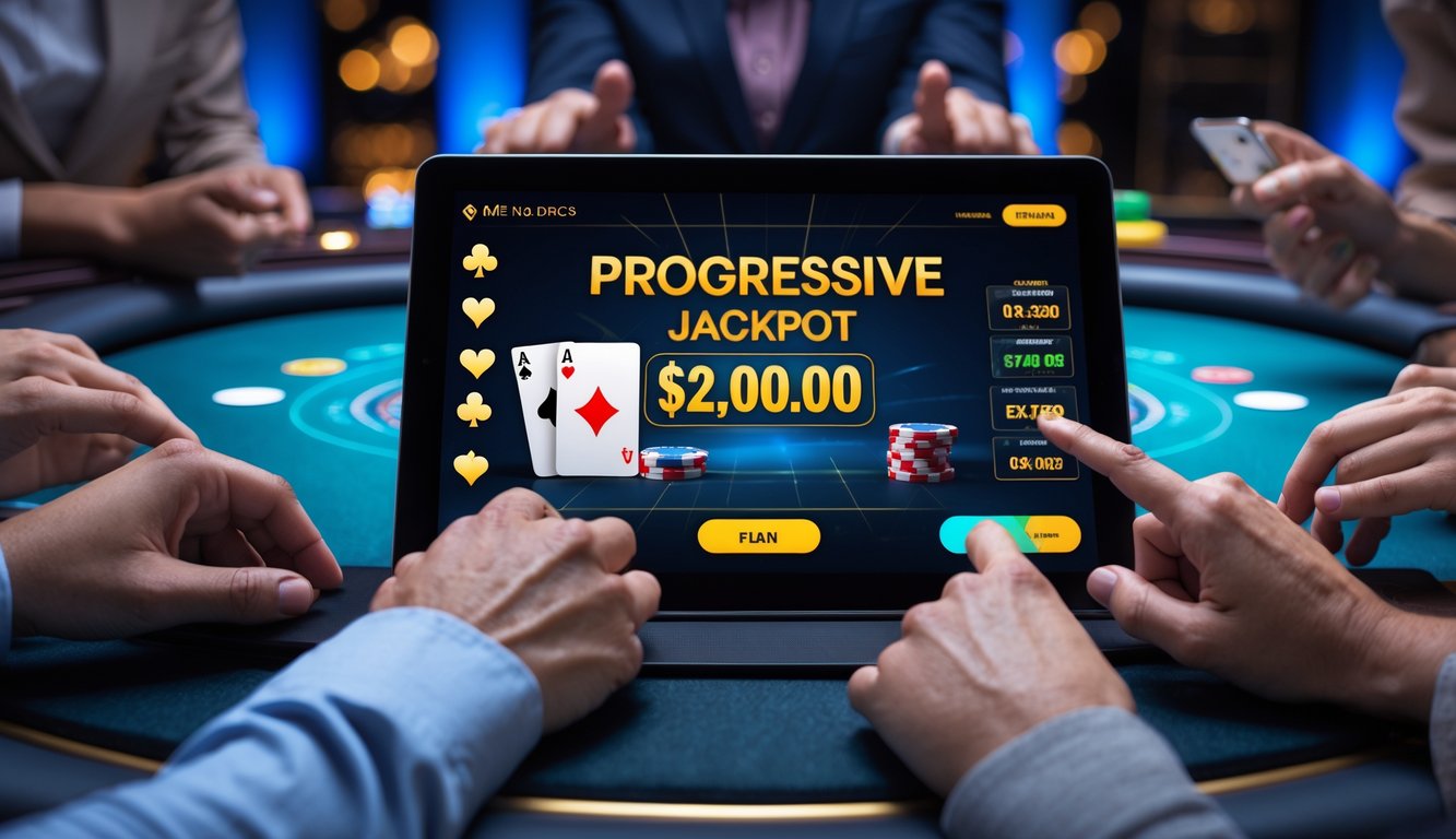 Orang-orang menggunakan perangkat layar sentuh dengan latar belakang tema kasino digital yang menampilkan kartu remi, chip poker, dan penghitung jackpot yang menyala.