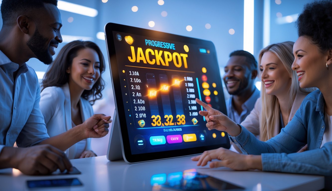 Orang-orang sedang bermain permainan judi online dengan antusias di depan layar digital yang menampilkan jackpot progresif dan simbol pembayaran cepat.