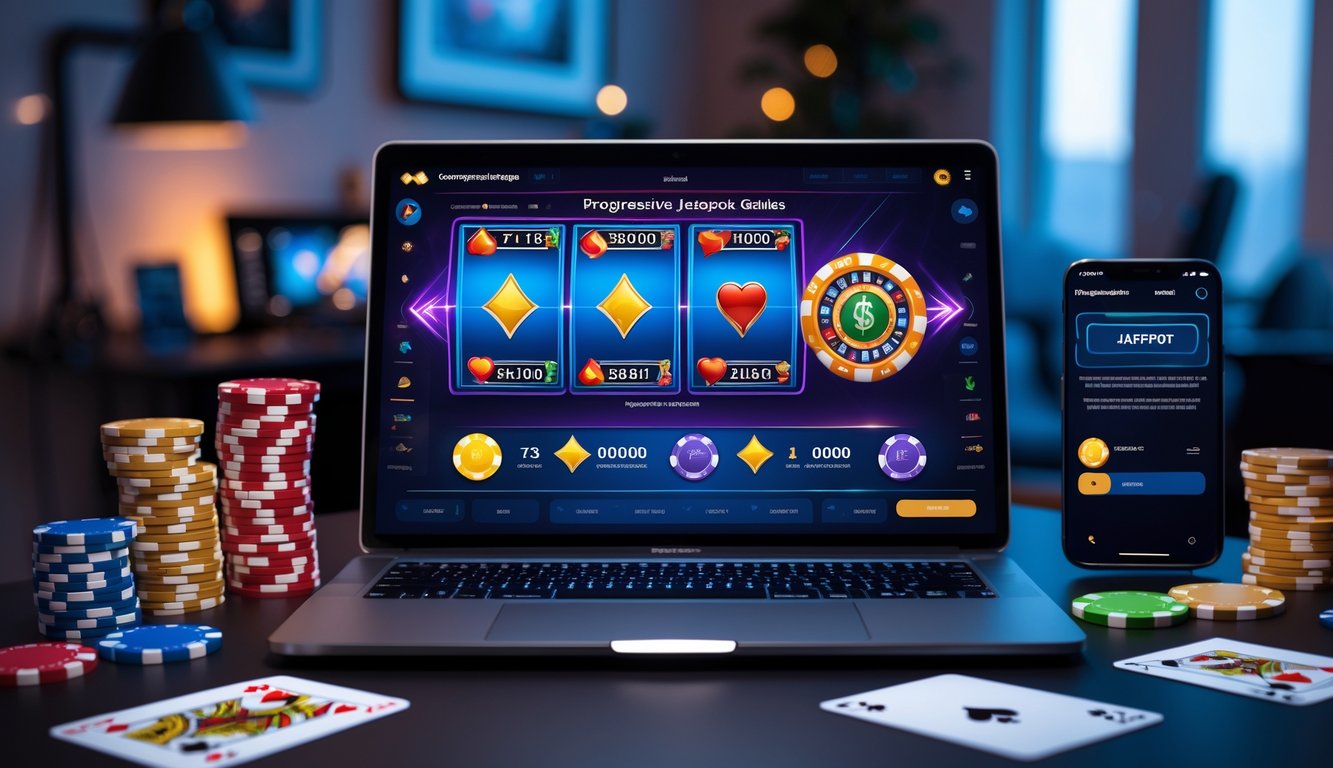 Seorang pemain sedang bermain permainan kartu online di komputer dengan tumpukan chip poker dan ponsel di meja.