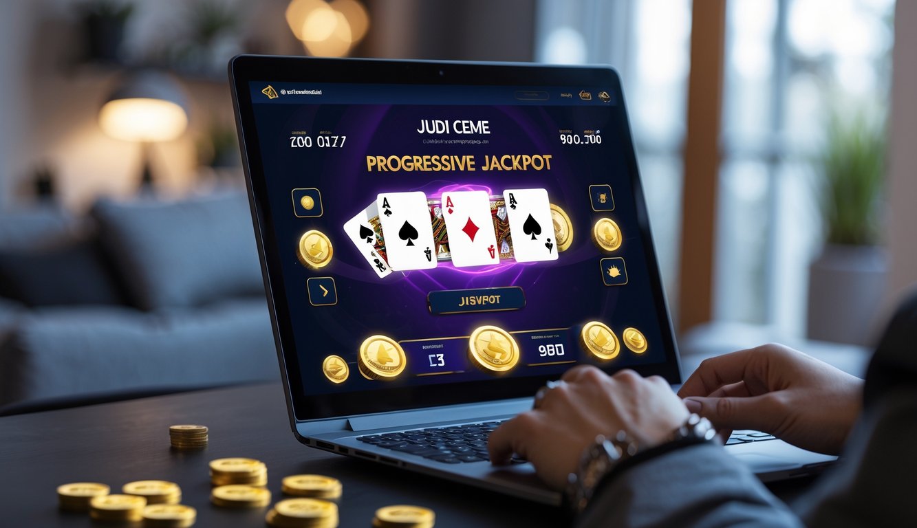 Seseorang menggunakan komputer dengan tampilan permainan kartu judi online dan simbol jackpot di layar.