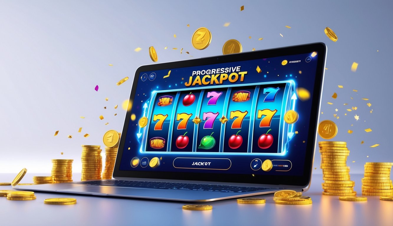 Layar perangkat digital menampilkan permainan jackpot progresif dengan simbol mesin slot dan koin bersinar di sekitarnya.