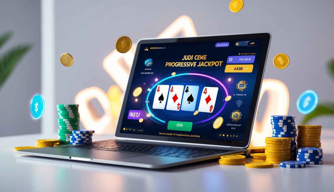 Seorang pemain menggunakan laptop dengan tampilan permainan kartu online dan tumpukan chip poker di meja.