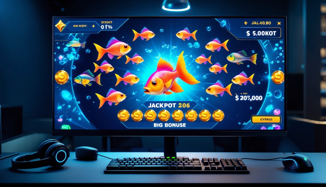 Sebuah layar komputer menampilkan permainan tembak ikan online dengan animasi ikan berwarna-warni dan simbol jackpot, di sebuah ruangan gaming yang modern dan terang.