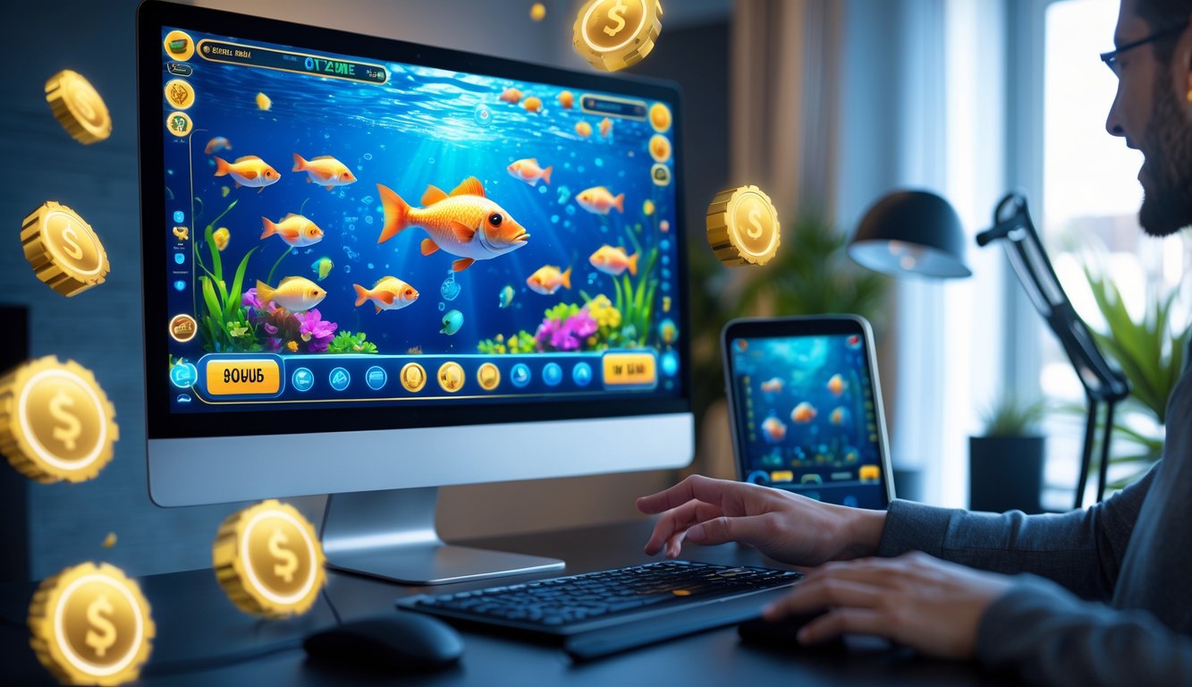 Seseorang bermain game tembak ikan online dengan tampilan ikan berwarna-warni di layar komputer dan ponsel di ruang kerja modern.
