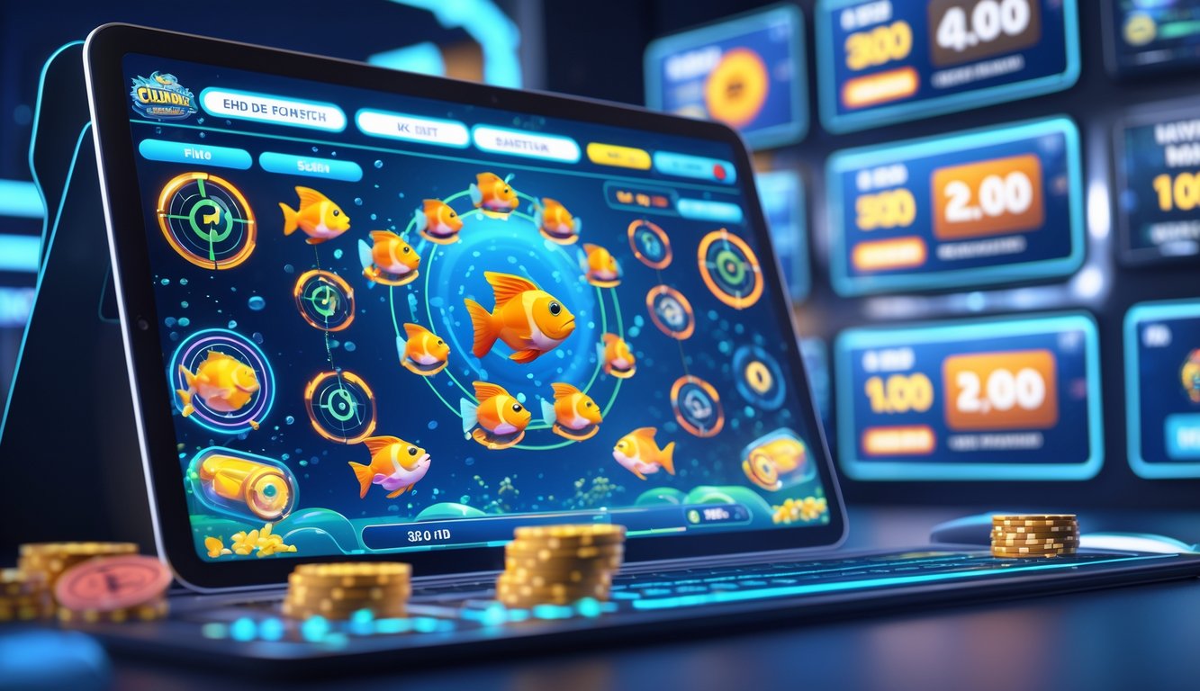 Antarmuka permainan judi tembak ikan online dengan grafik ikan berwarna-warni dan layar komputer yang menampilkan statistik permainan dan ikon pembayaran cepat.