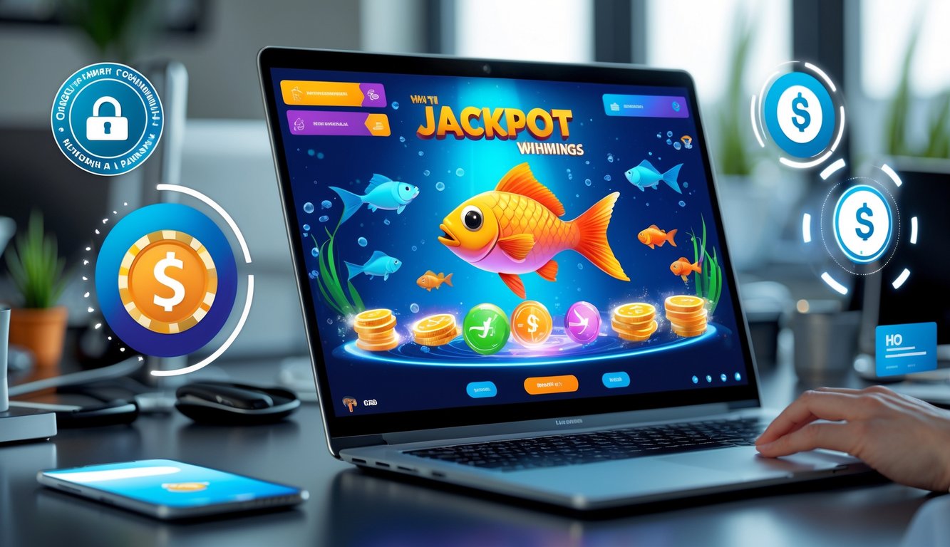 Seorang pemain menggunakan komputer dengan permainan tembak ikan online yang menampilkan ikan warna-warni dan ikon jackpot di layar.