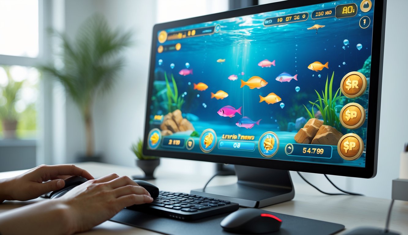 Seseorang sedang bermain permainan judi tembak ikan online di komputer dengan layar penuh warna dan ikan-ikan di dalamnya.