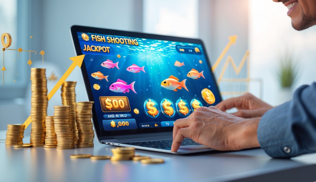 Seorang pemain menggunakan perangkat digital dengan tampilan permainan tembak ikan online yang penuh warna dan ikon jackpot, di latar belakang terdapat tumpukan koin dan grafik keuntungan.