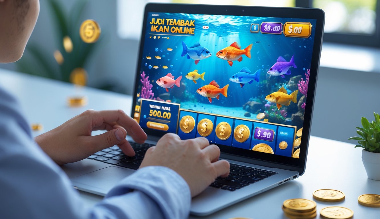 Seseorang bermain permainan judi tembak ikan online di komputer dengan tampilan ikan berwarna-warni dan simbol jackpot di layar.