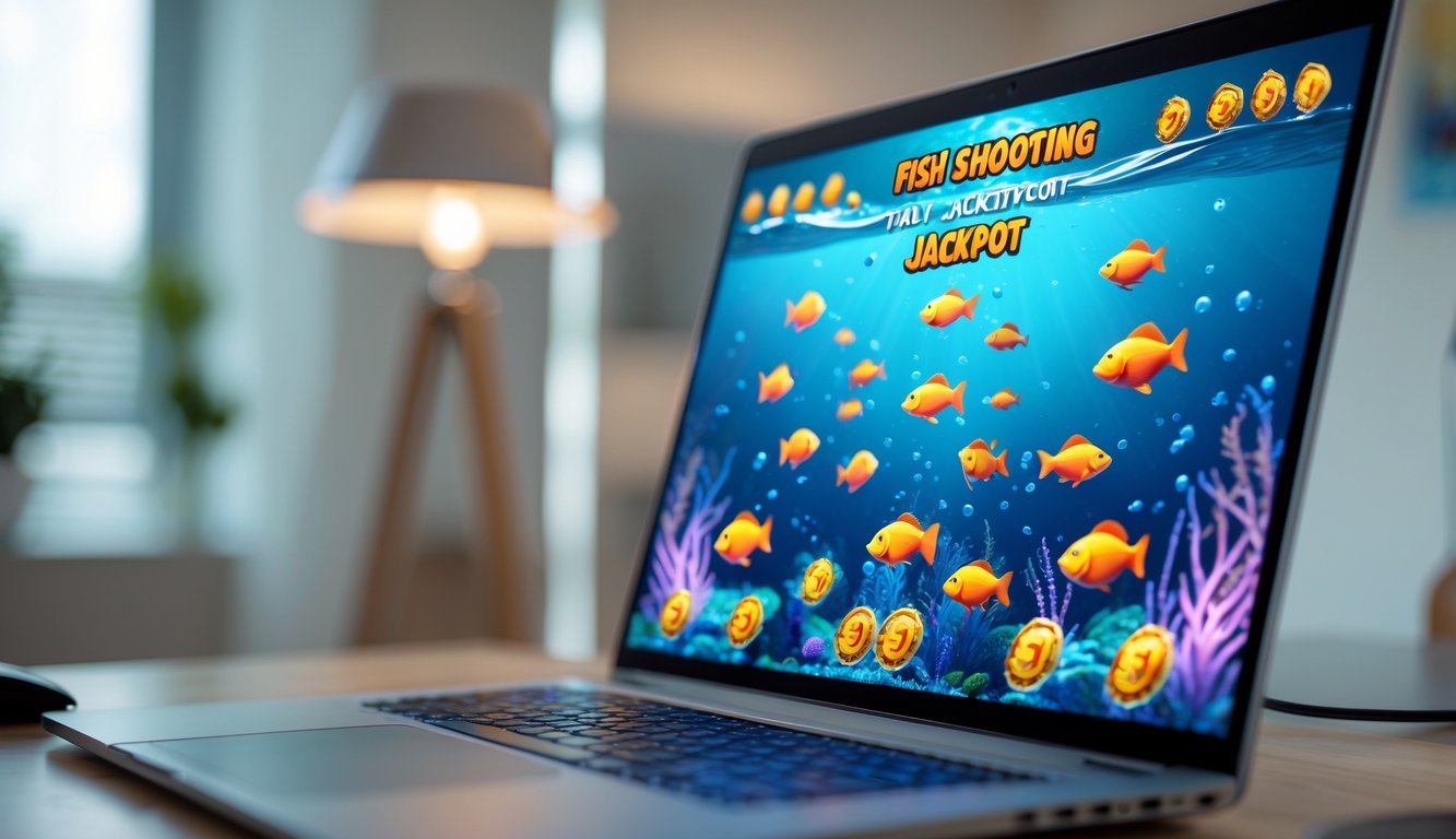 Seseorang menggunakan komputer dengan layar menampilkan permainan tembak ikan online dengan animasi ikan berwarna-warni dan simbol jackpot.
