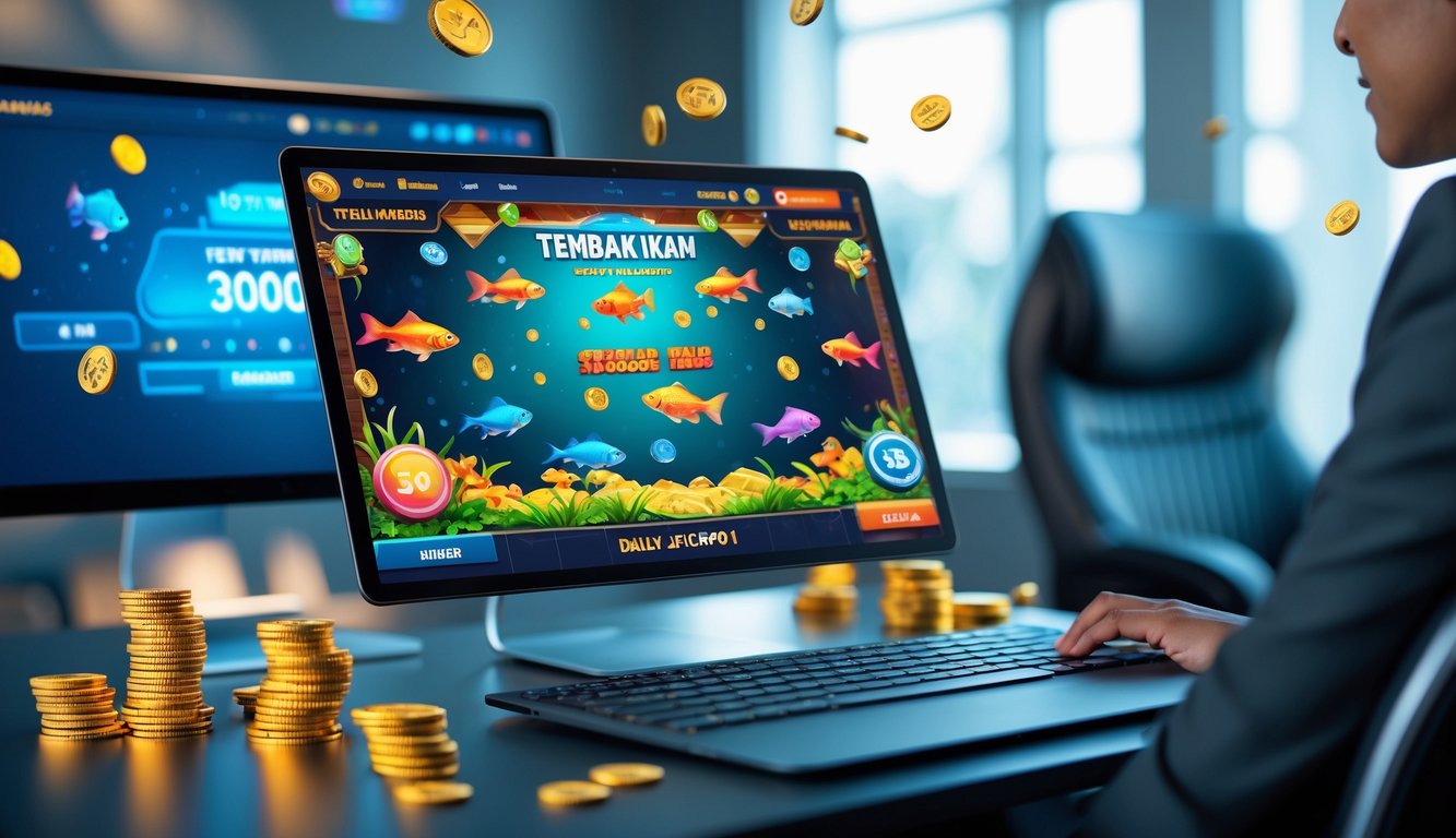 Sebuah komputer menampilkan permainan tembak ikan online dengan ikan berwarna-warni dan simbol jackpot, di atas meja modern dengan suasana yang cerah.