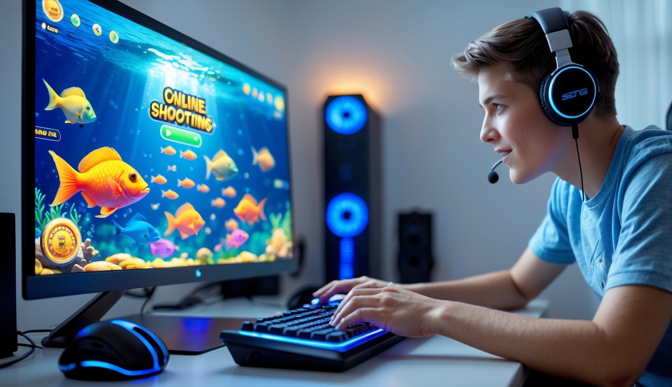Seseorang muda sedang bermain game tembak ikan online di komputer di ruangan yang rapi dan terang.