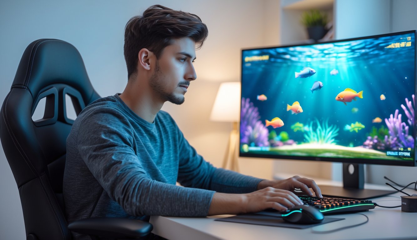 Seorang pria muda duduk di depan komputer dengan layar menampilkan permainan tembak ikan online, di ruang kerja modern yang terang dan rapi.