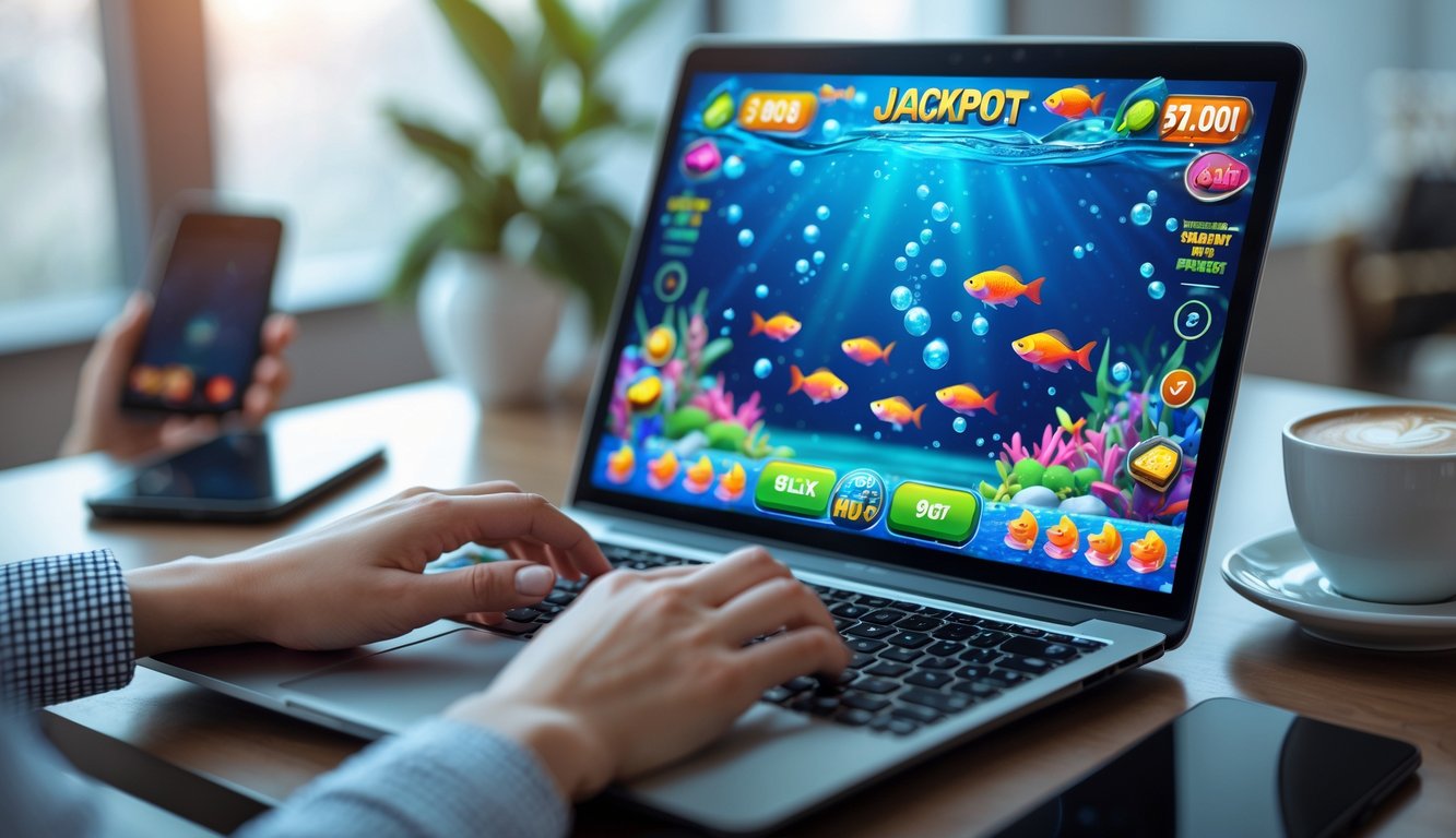 Seseorang bermain game tembak ikan online di komputer dengan layar penuh warna dan suasana nyaman di meja kerja.