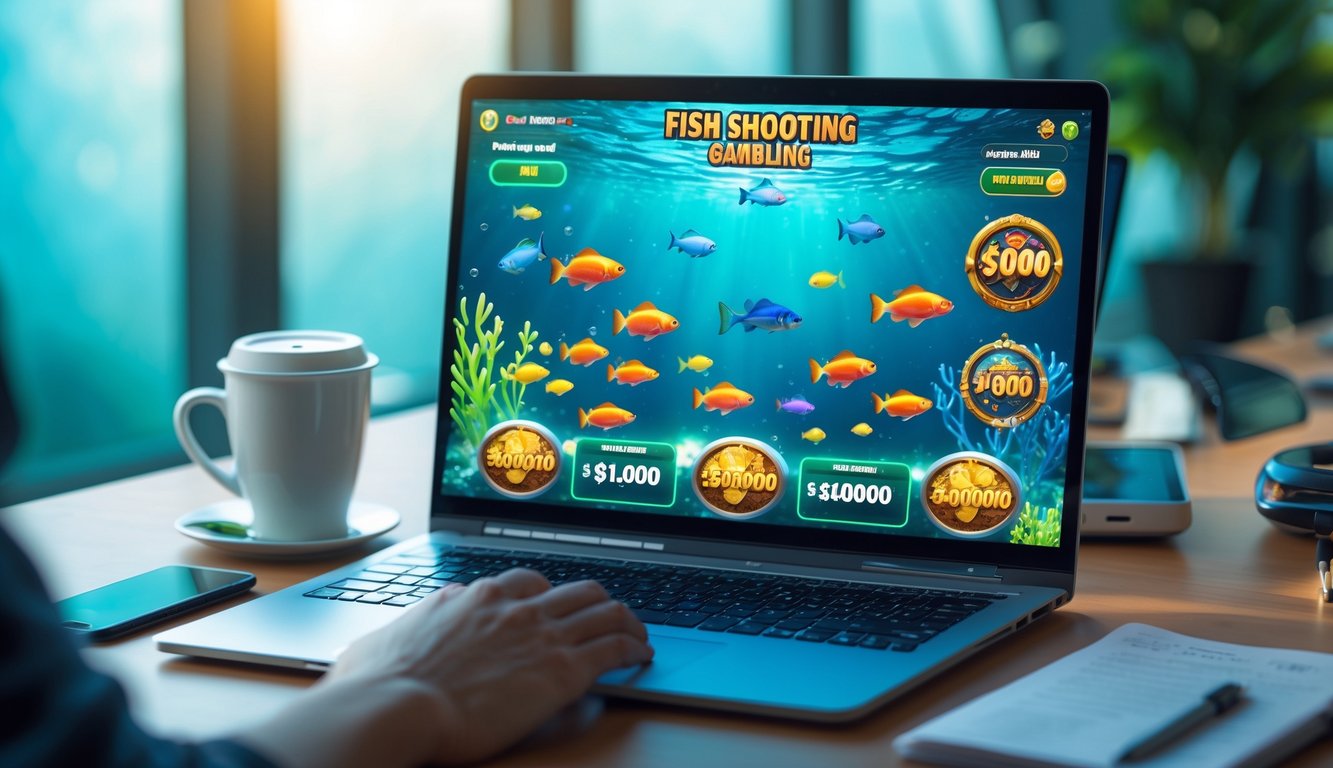 Seseorang menggunakan komputer dengan layar menampilkan permainan tembak ikan online yang berwarna-warni dan menarik.