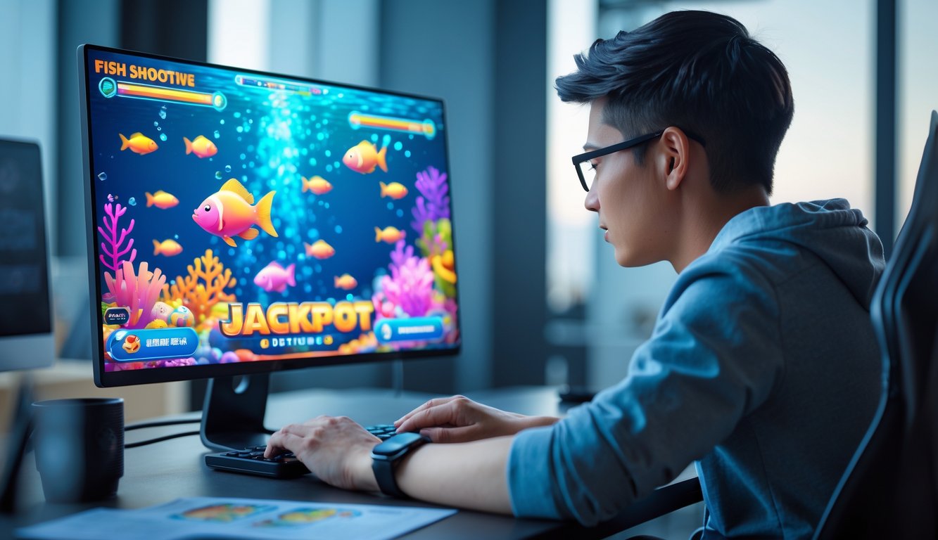 Seseorang sedang fokus bermain permainan tembak ikan online di depan komputer dengan layar penuh warna dan suasana kerja yang rapi.