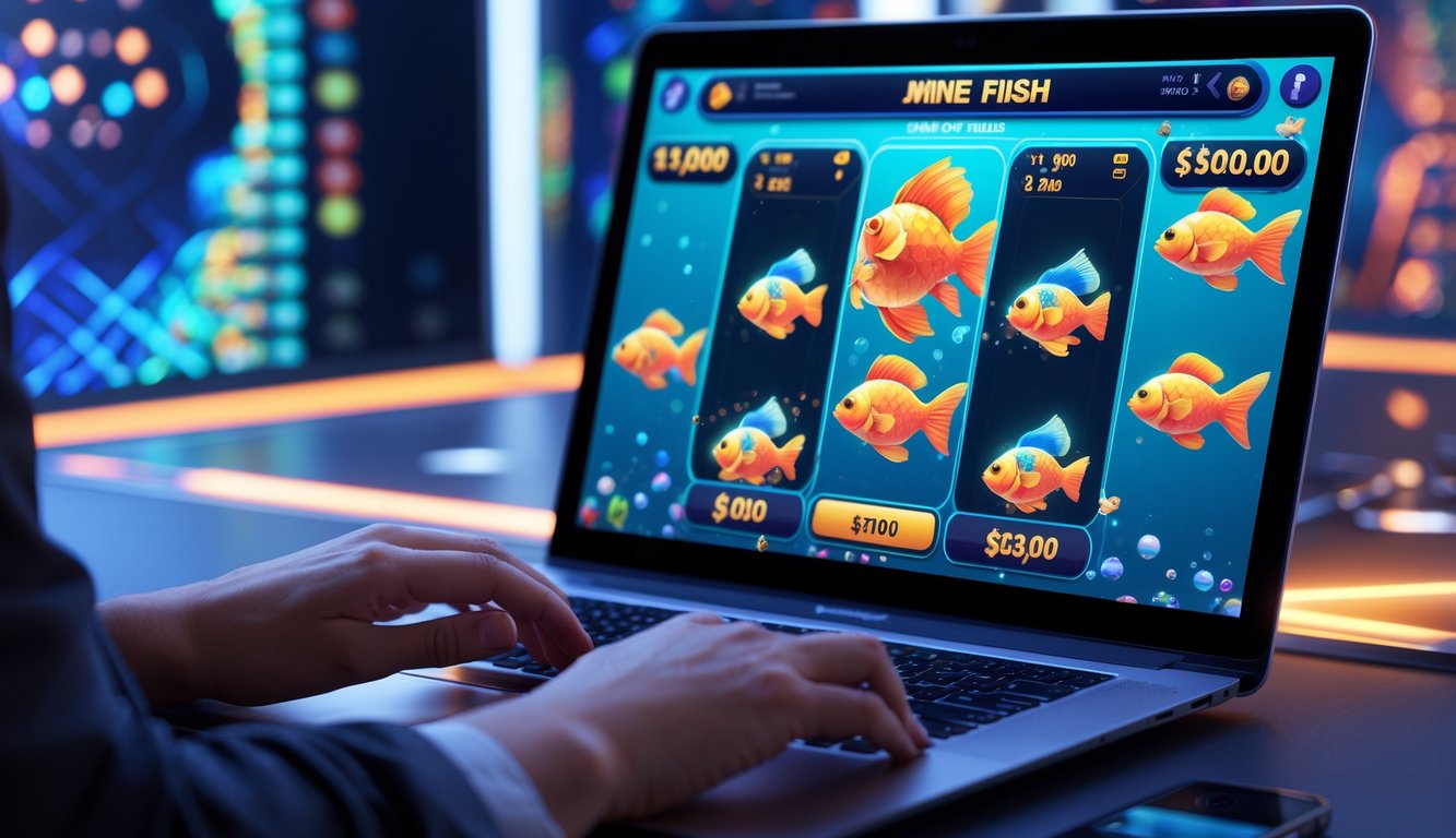 Seseorang bermain permainan judi tembak ikan online di depan layar komputer dengan tampilan permainan ikan dan ikon jackpot yang berwarna-warni.