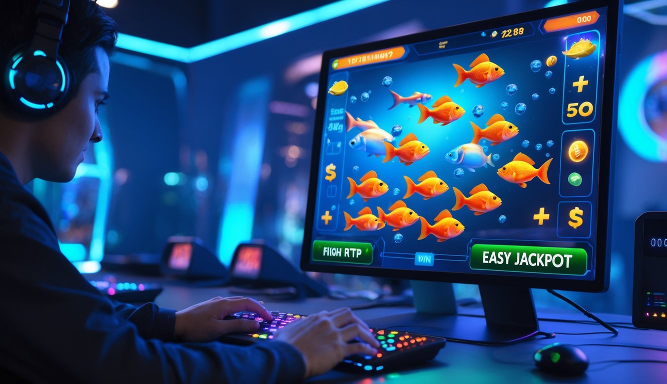 Seorang pemain sedang fokus bermain permainan tembak ikan online dengan layar komputer menampilkan ikan berwarna-warni dan ikon jackpot yang menyala.