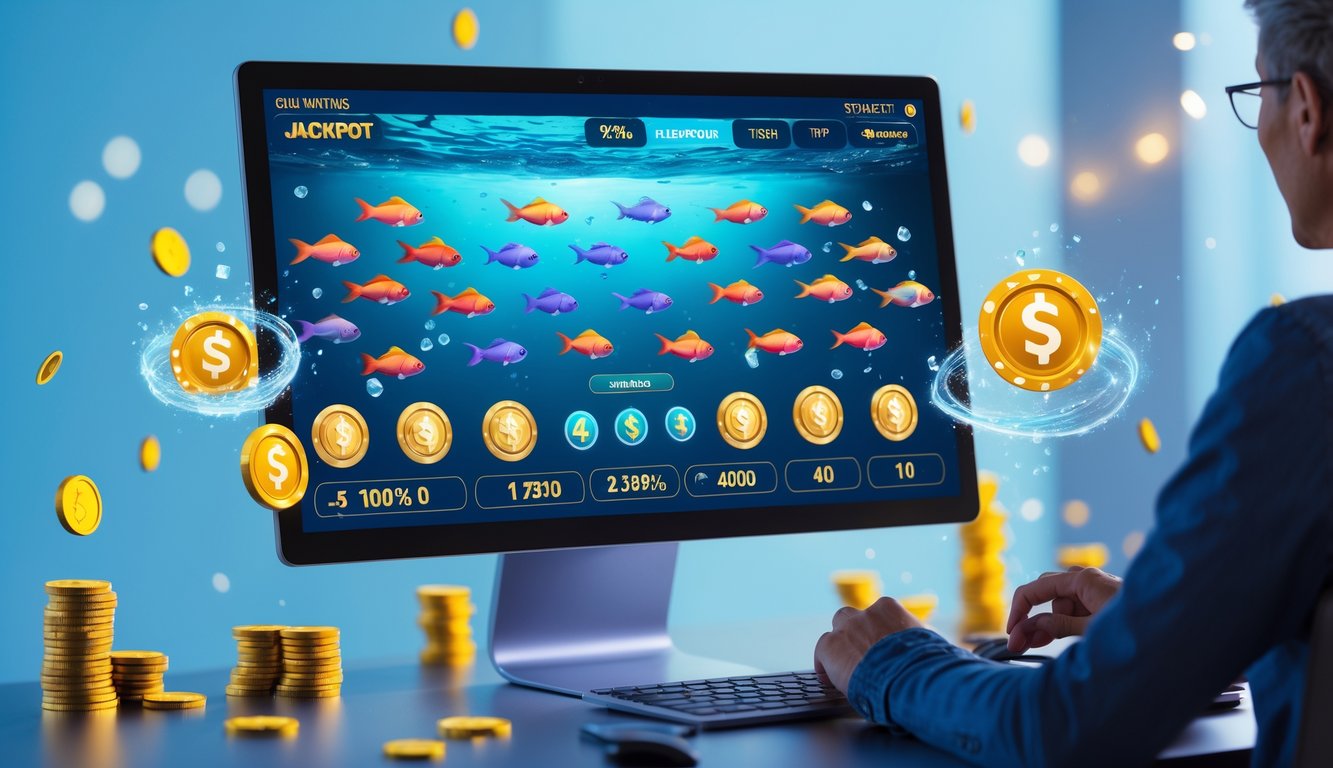 Seorang pemain dewasa sedang bermain permainan tembak ikan online dengan layar menampilkan ikan berwarna-warni dan simbol jackpot, di meja kerja yang rapi dengan suasana laut yang tenang.