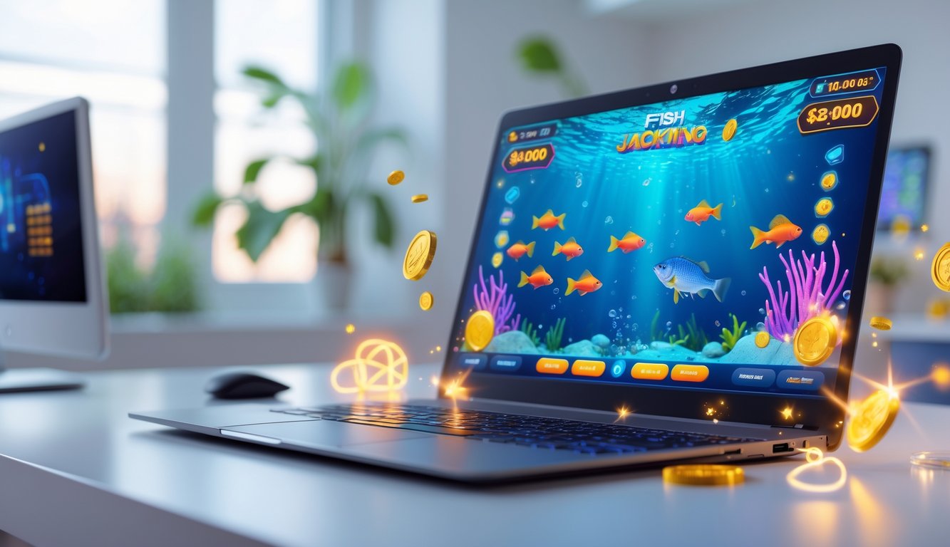 Seorang pemain sedang menggunakan komputer dengan permainan tembak ikan berwarna-warni di layar, dikelilingi oleh elemen digital yang menggambarkan jackpot dan bonus.