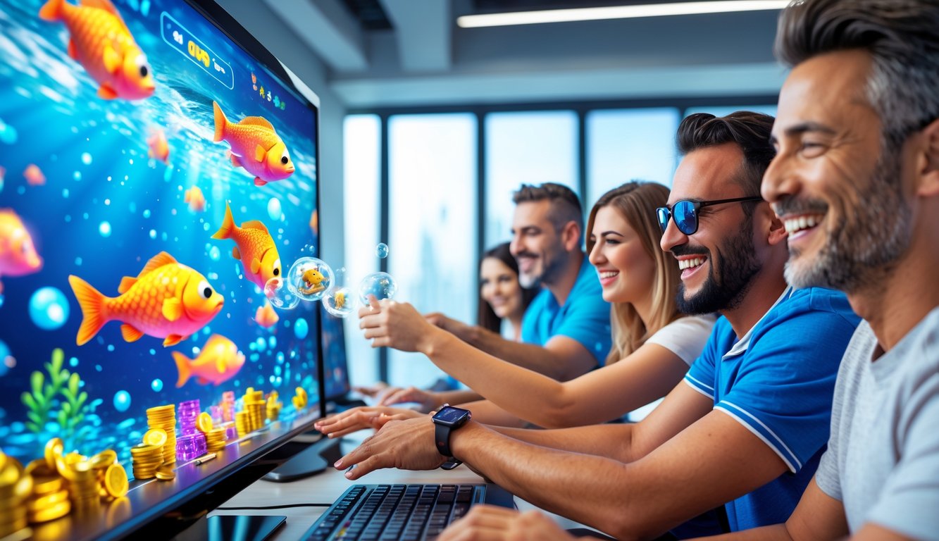 Orang-orang bermain game tembak ikan online dengan layar penuh warna dan suasana yang menyenangkan.