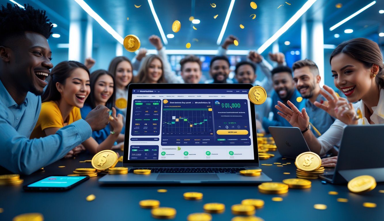 Orang-orang menggunakan perangkat digital untuk taruhan olahraga online dengan suasana yang penuh semangat dan antisipasi kemenangan.