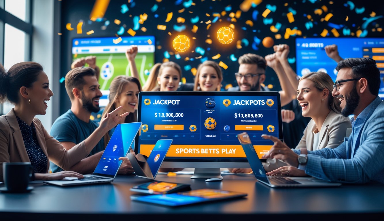 Beberapa orang menggunakan perangkat digital untuk bertaruh olahraga online dengan latar belakang grafik olahraga dan simbol jackpot.