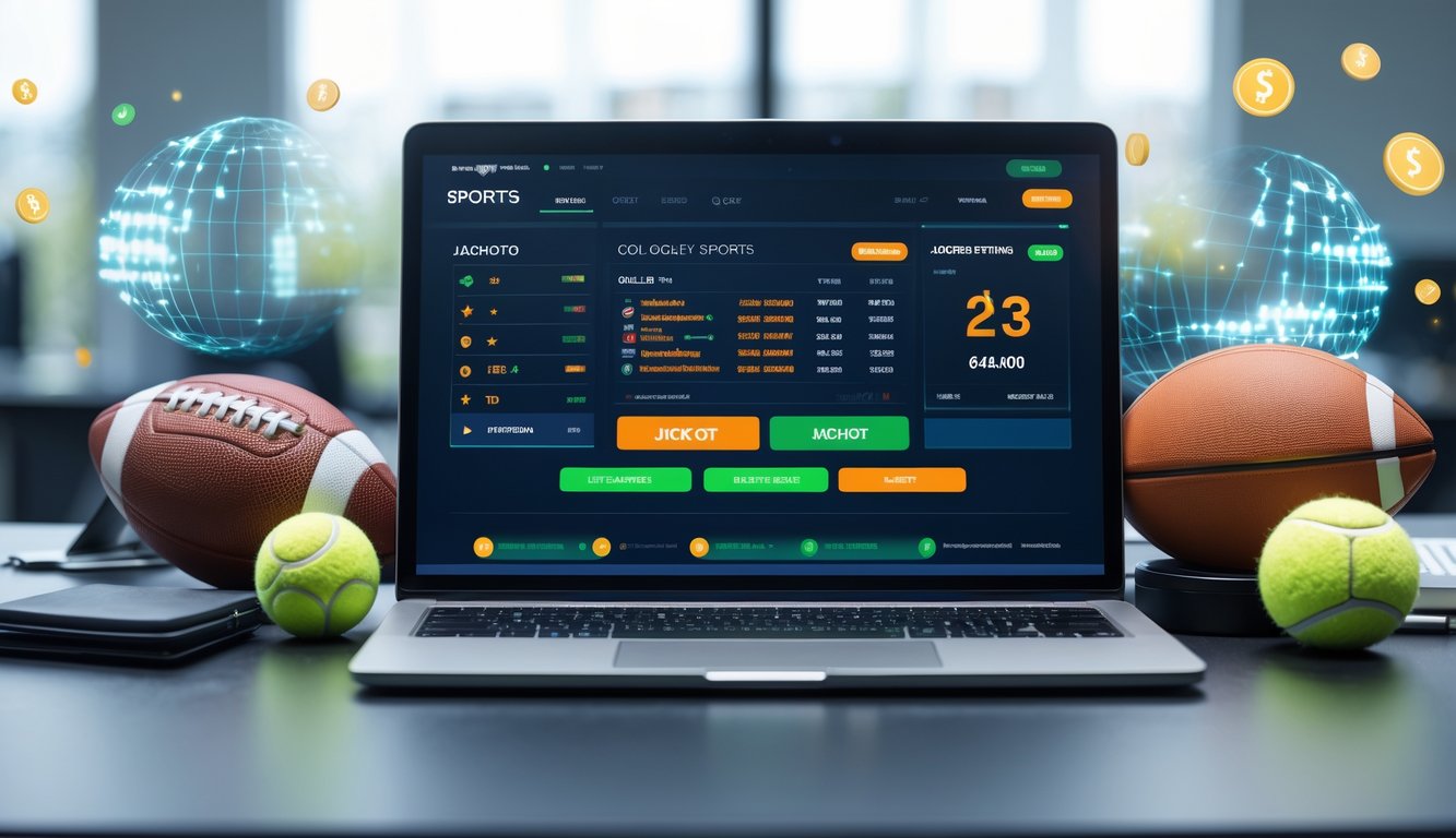Meja kerja modern dengan laptop yang menampilkan antarmuka taruhan olahraga online dan berbagai perlengkapan olahraga di sekitarnya.