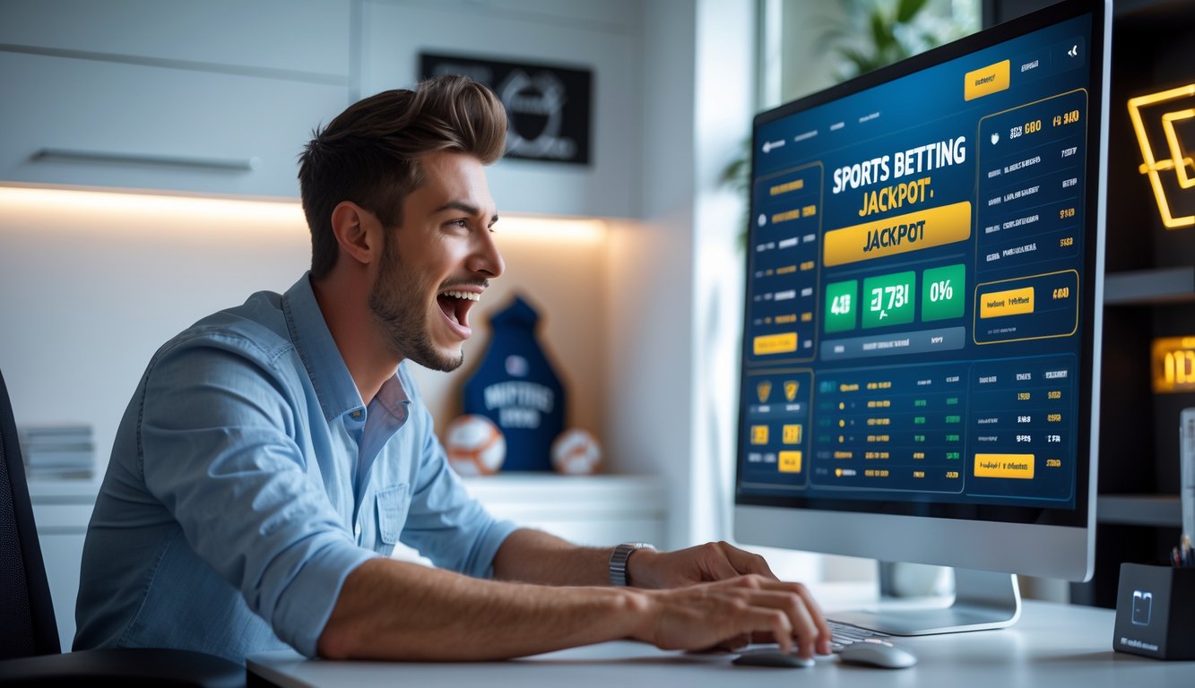 Seorang pria muda duduk di meja kerja modern sambil melihat layar komputer yang menampilkan data taruhan olahraga dan jackpot.
