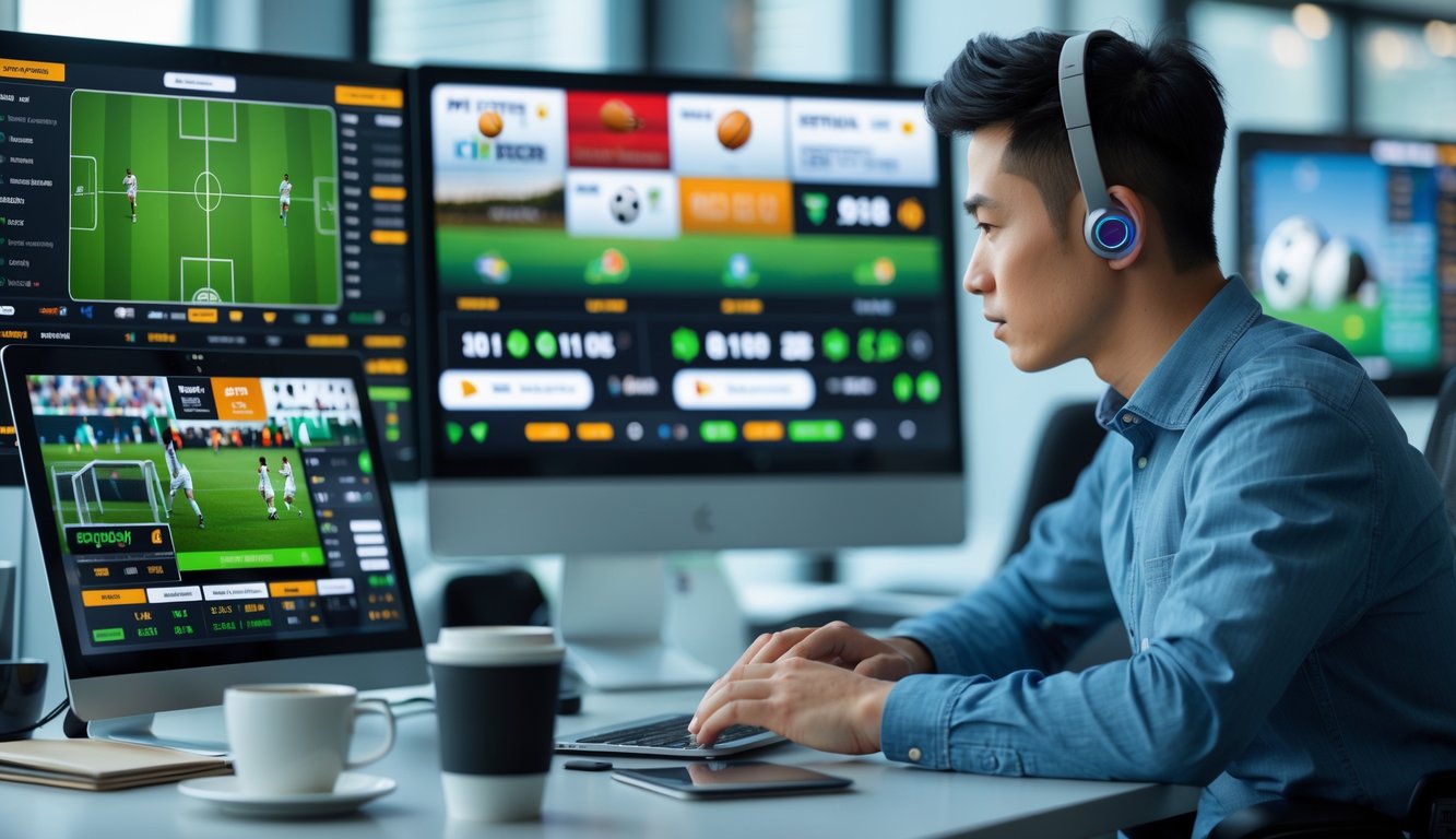 Seorang pria muda Asia sedang menggunakan laptop dan ponsel di ruang kerja modern dengan beberapa layar menampilkan berbagai olahraga populer dan indikator jackpot.