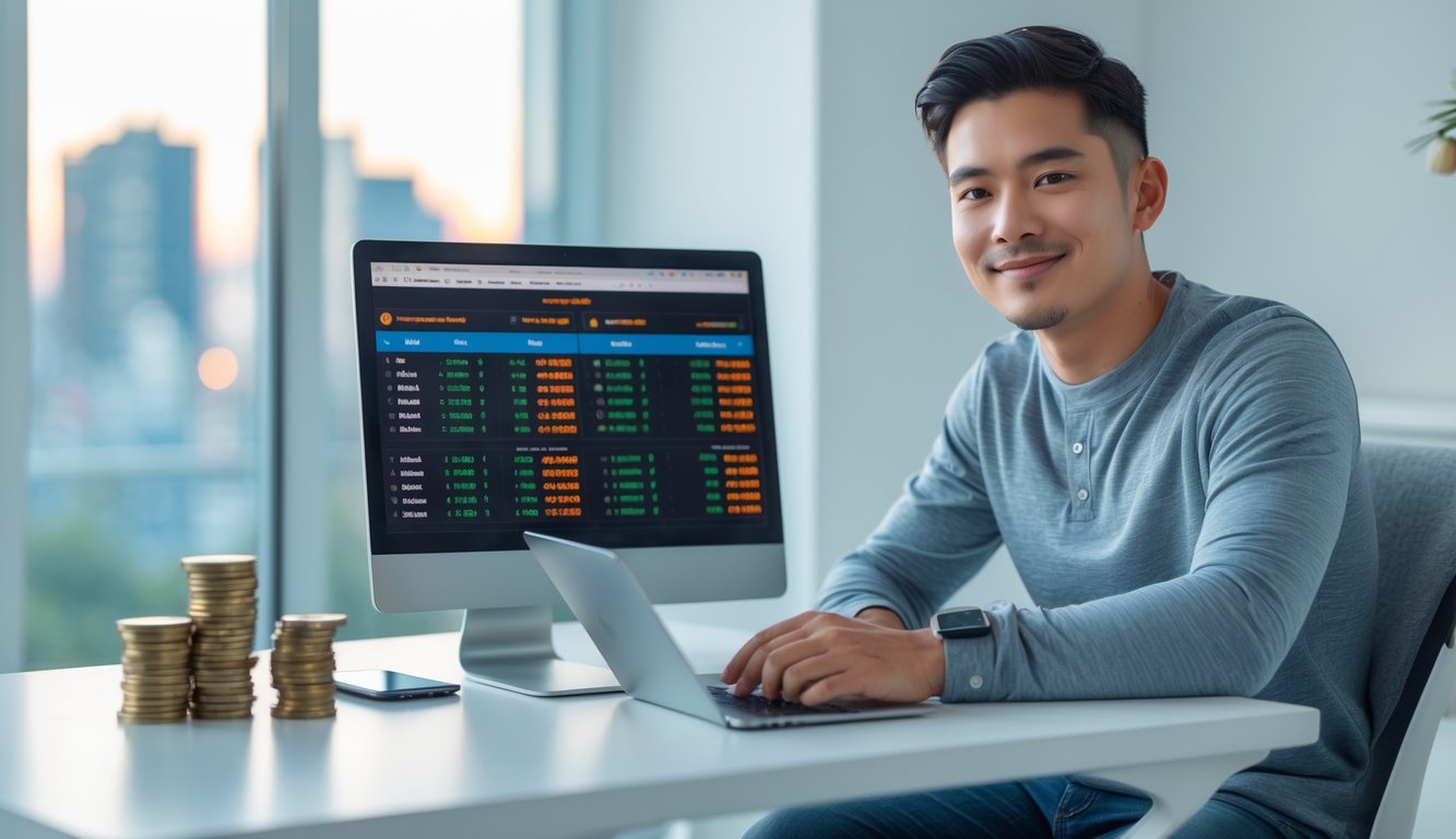 Seorang pria muda duduk di meja dengan laptop yang menampilkan data taruhan olahraga, terlihat fokus dan optimis di ruang kerja rumah yang terang.