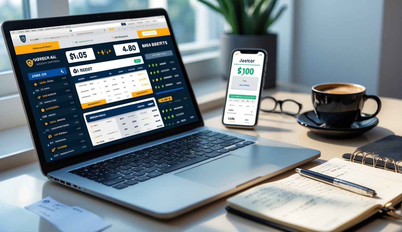 Seorang pria duduk di meja kerja dengan laptop dan ponsel yang menampilkan situs taruhan olahraga online, dikelilingi alat tulis dan cangkir kopi.