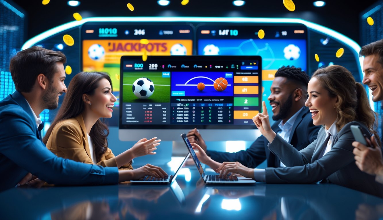 Orang-orang menggunakan perangkat digital untuk bertaruh pada berbagai olahraga dengan suasana penuh semangat dan elemen jackpot digital di latar belakang.