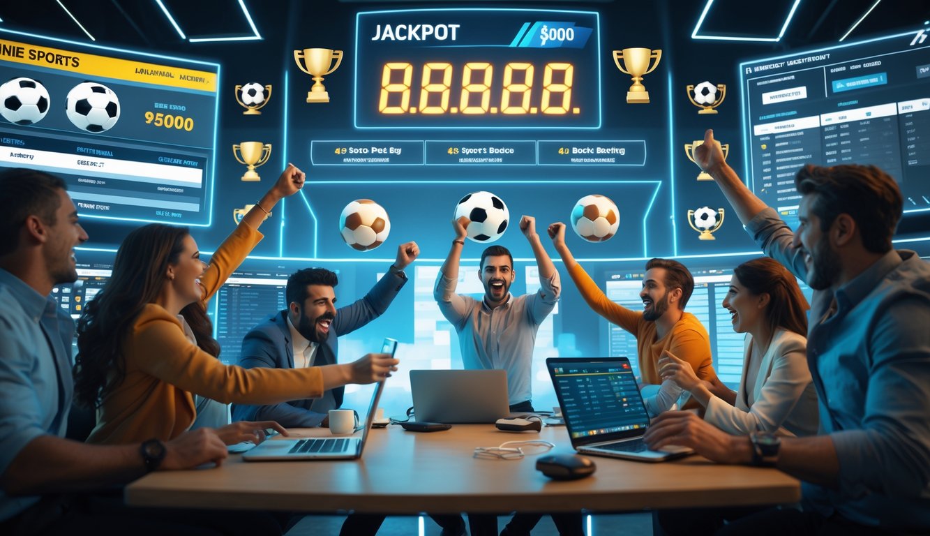Sekelompok orang merayakan kemenangan besar dalam taruhan olahraga online dengan layar digital menampilkan pertandingan sepak bola dan jackpot besar di latar belakang.