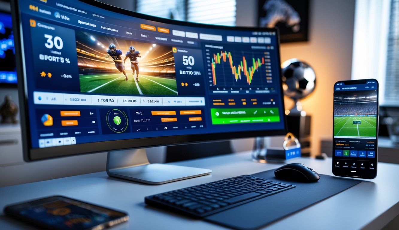 Sebuah ruang kerja modern dengan komputer dan ponsel menampilkan grafik dan data taruhan olahraga secara online.