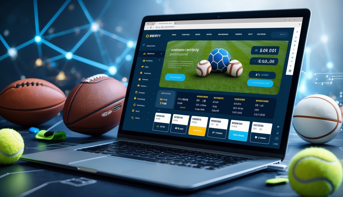 Meja kerja modern dengan laptop yang menampilkan situs taruhan olahraga online dan beberapa bola olahraga di sekitarnya.