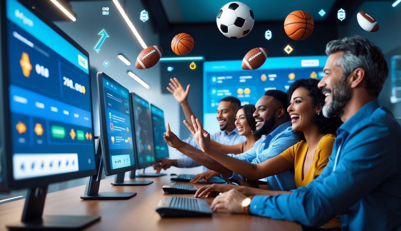 Orang-orang sedang menggunakan perangkat digital di ruang modern dengan layar yang menampilkan tema taruhan olahraga dan jackpot online.