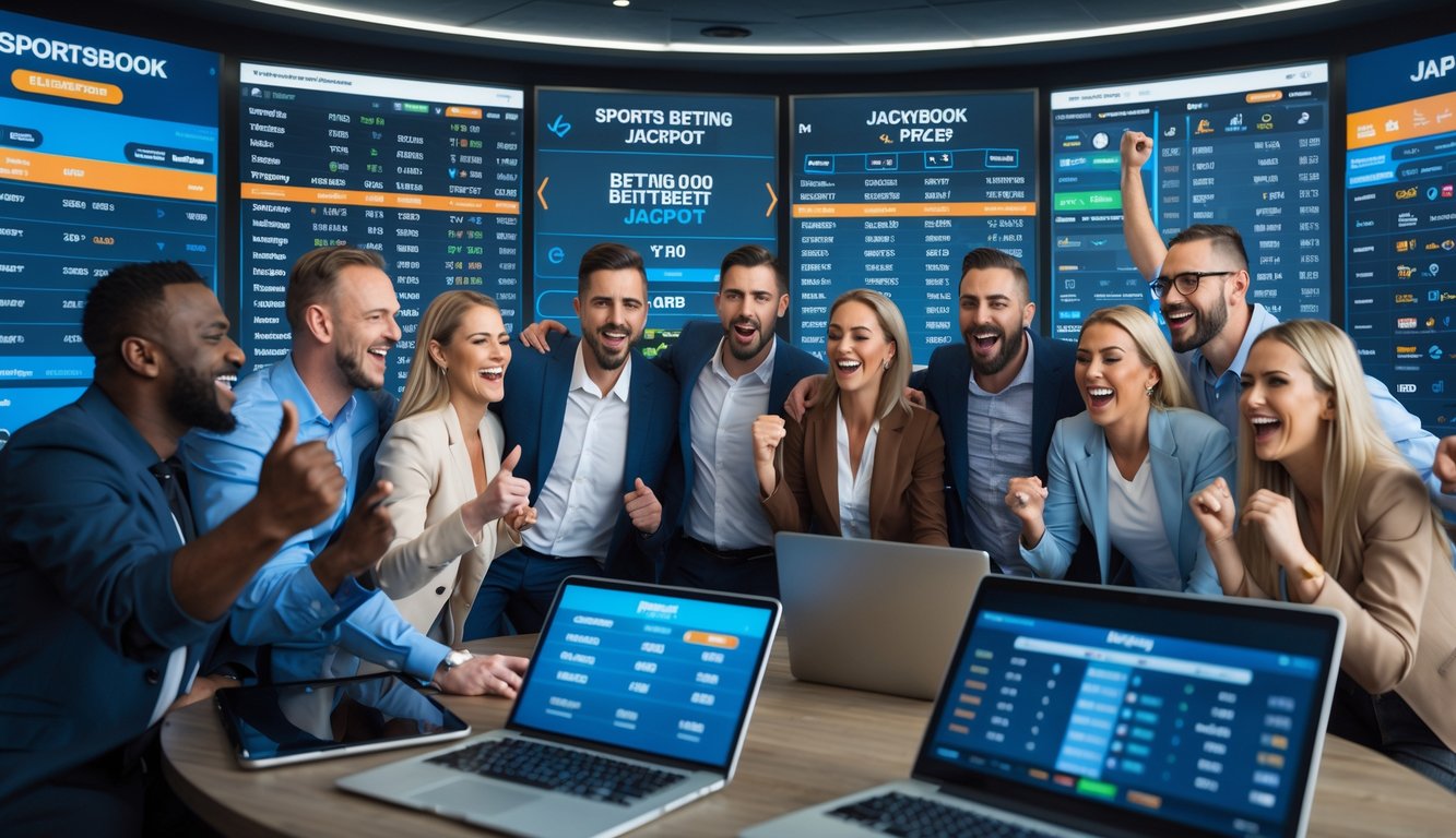 Sekelompok orang sedang menikmati taruhan olahraga dan permainan jackpot online di ruangan modern dengan layar digital besar.