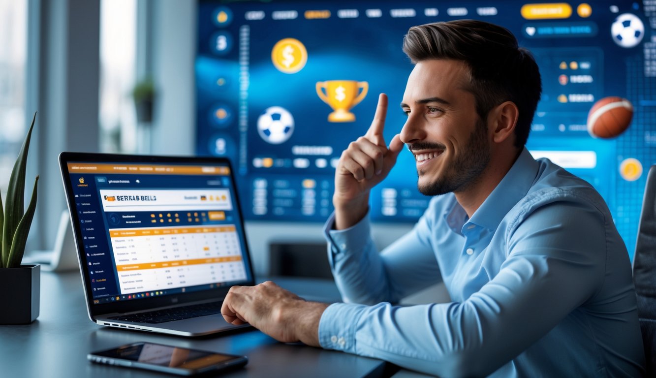 Seseorang sedang menggunakan laptop di meja kerja modern dengan tampilan statistik olahraga dan elemen terkait taruhan online di sekitarnya.