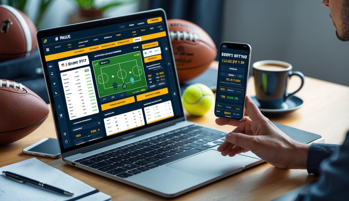 Seorang pengguna bekerja di depan laptop dengan situs taruhan olahraga online terbuka dan beberapa peralatan kerja di meja.