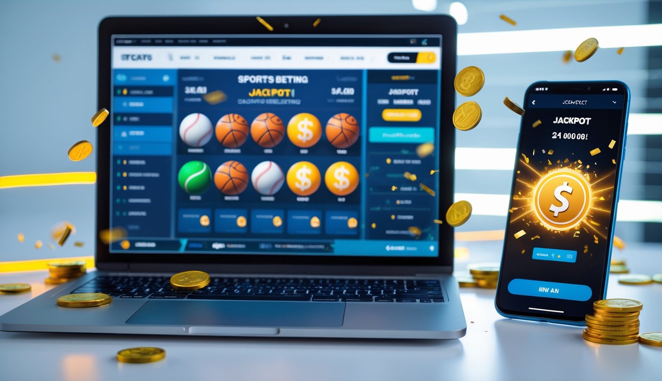 Seorang pria menggunakan laptop dan ponsel untuk memasang taruhan olahraga online dengan tampilan jackpot dan suasana kemenangan.