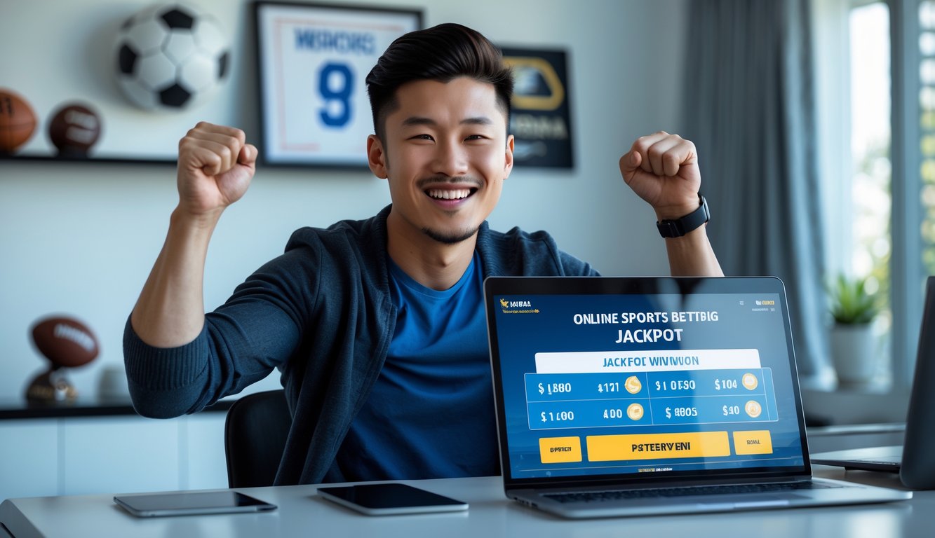 Seorang pria muda Asia sedang merayakan kemenangan jackpot judi sports online di depan laptop di rumah.