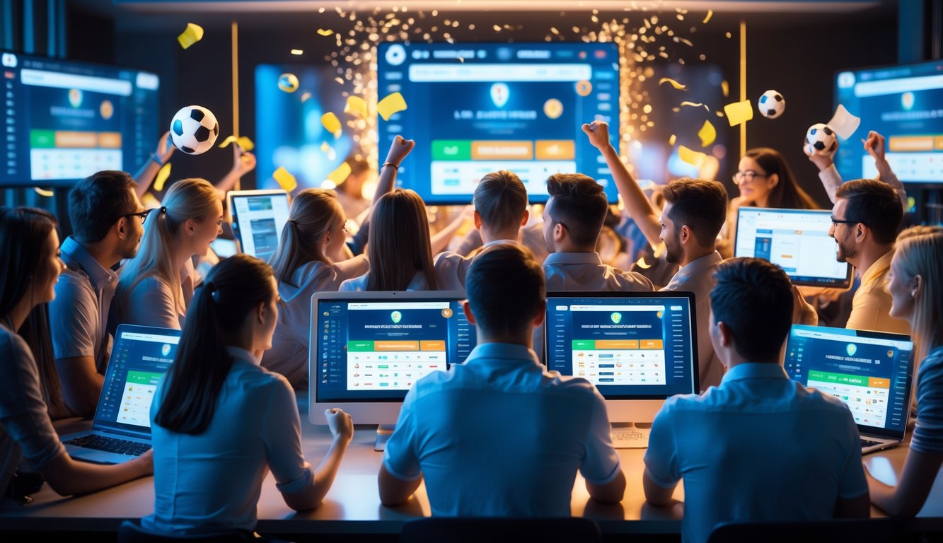 Beberapa orang antusias menggunakan perangkat digital untuk memasang taruhan olahraga online di lingkungan kerja modern dengan efek perayaan kemenangan.