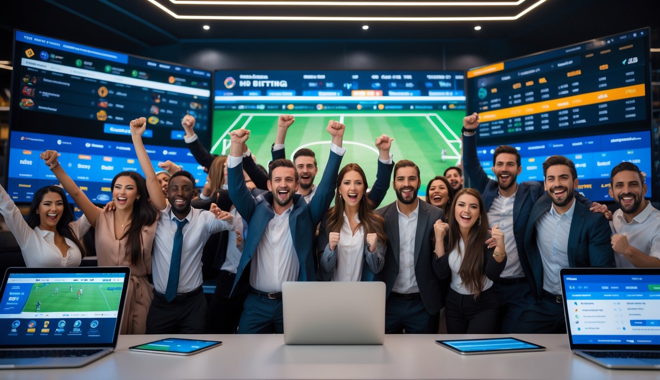 Sekelompok orang beragam usia dan etnis merayakan kemenangan di depan layar digital yang menampilkan acara olahraga dan peluang taruhan.