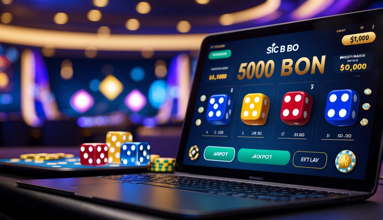 Sebuah layar komputer menampilkan permainan Sic Bo dengan dadu berwarna dan indikator jackpot, dikelilingi oleh suasana kasino online yang cerah dan menarik.