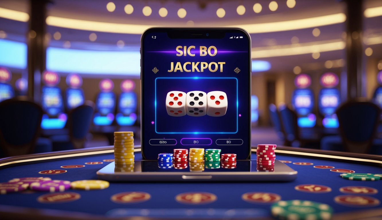 Suasana kasino online modern dengan antarmuka digital menampilkan dadu berwarna-warni dan meter jackpot yang menyala, mencerminkan peluang menang besar.