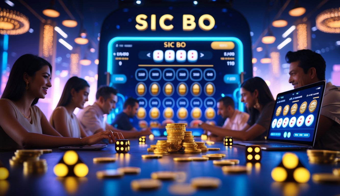 Orang-orang sedang bermain permainan dadu Sic Bo secara online dengan antarmuka digital dan tumpukan koin serta chip kasino di latar belakang.