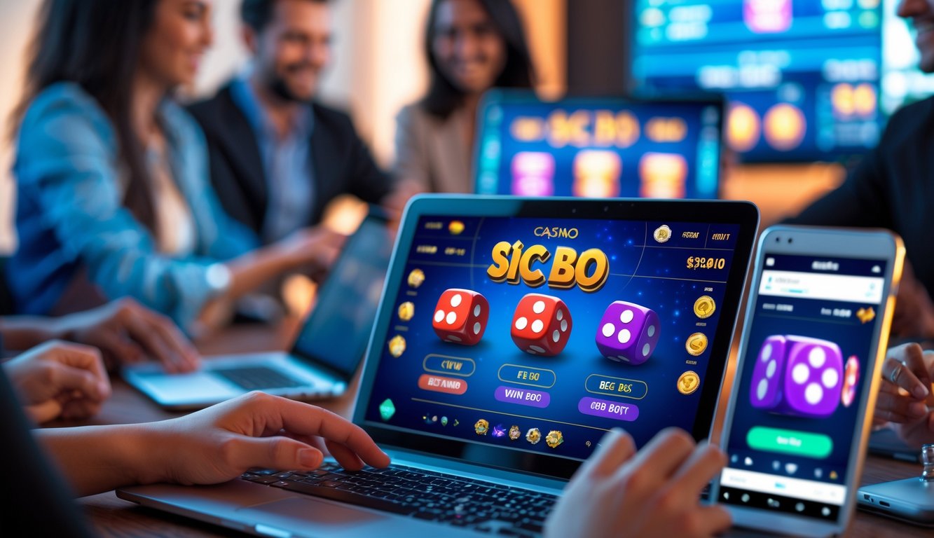 Orang-orang bermain permainan Sic Bo di kasino online dengan tampilan layar digital dan dadu berwarna-warni.